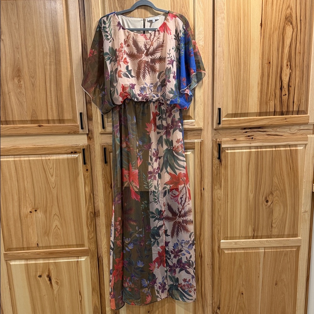 See and Be Seen Floral Forest Fairy Chiffon Layered Cape Sleeve Maxi Dress Sz L